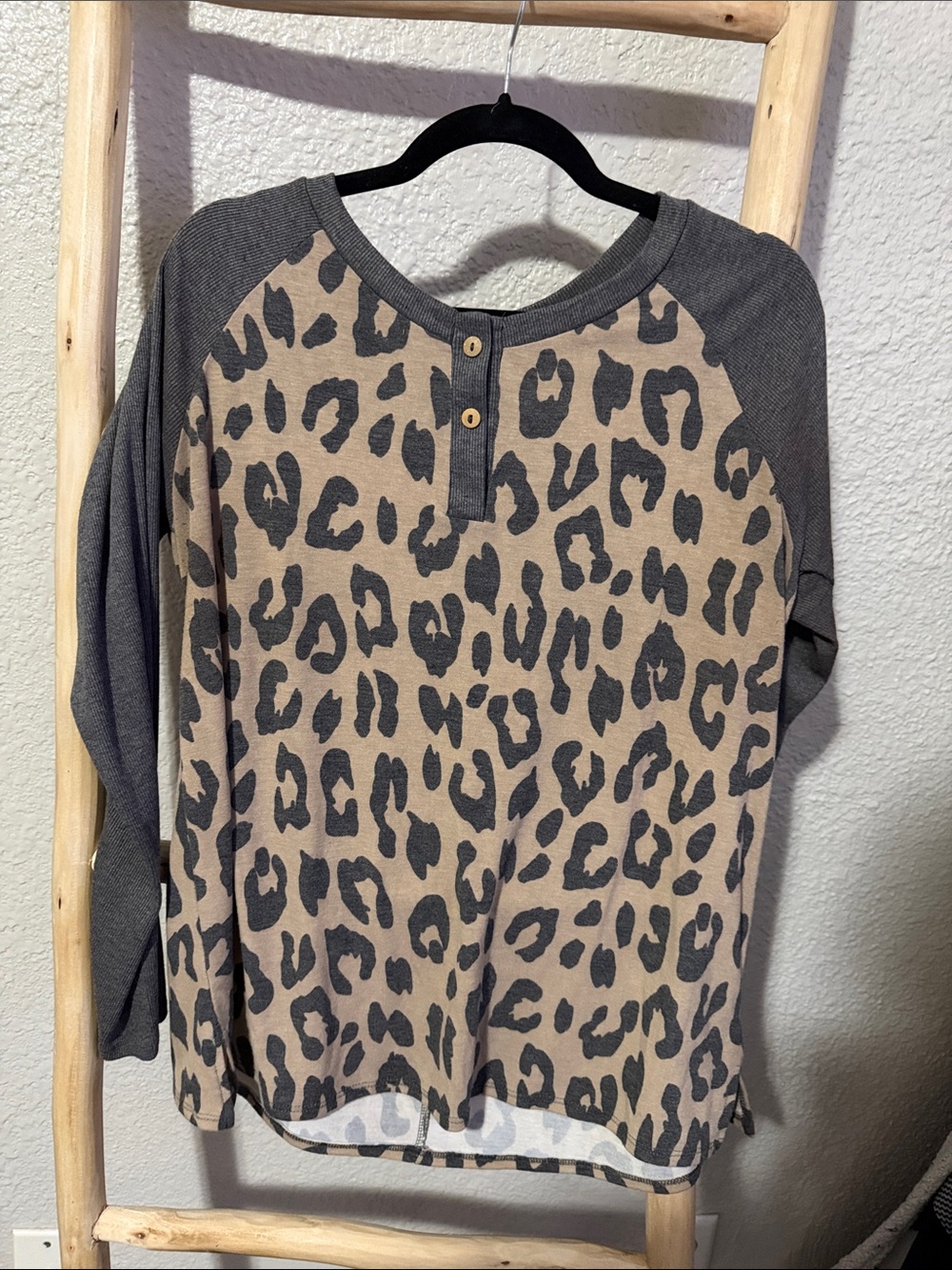 Sew In Love Taupe Leopard Print Henley with Charcoal Trim